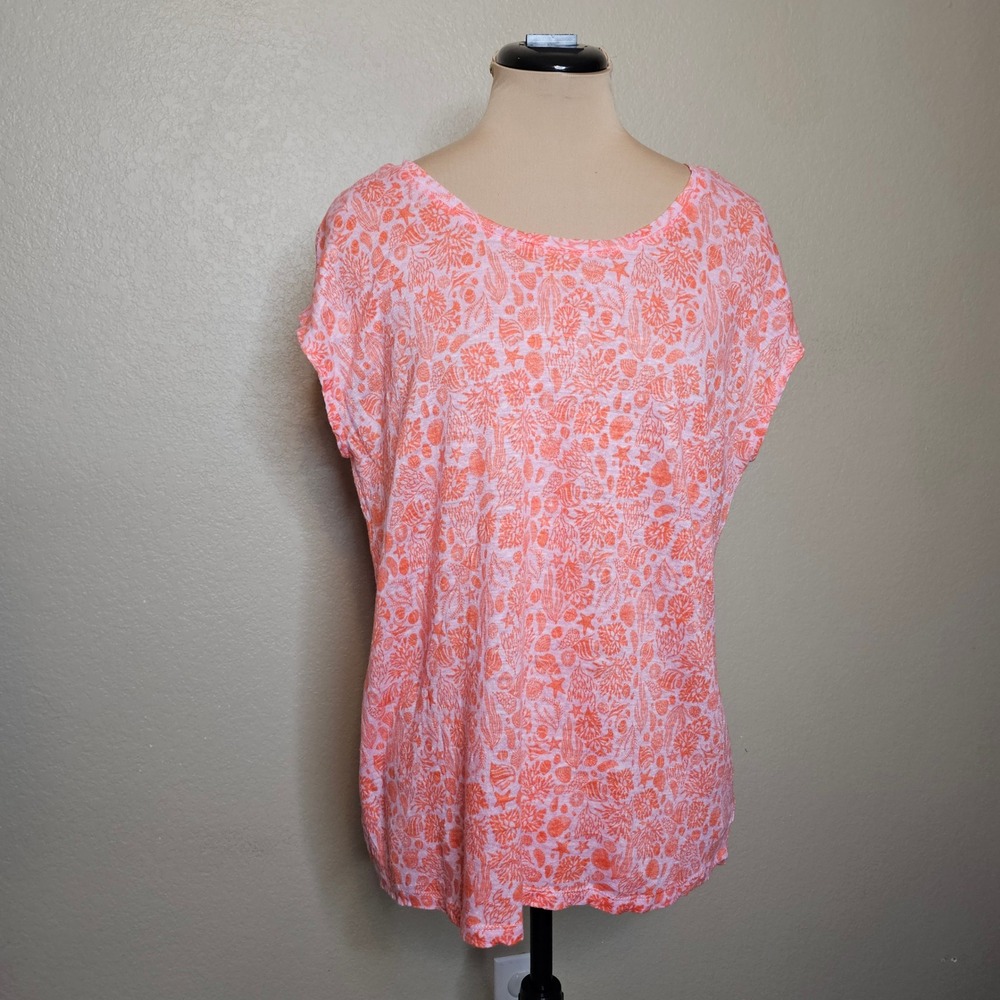 Sigrid‎ Olsen 100% Linen Top Large Coral Seashell Nautical Button Back Orange